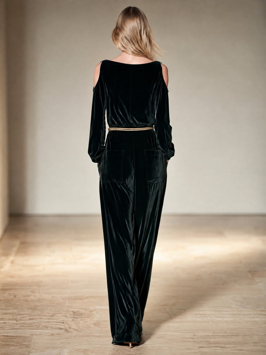 Women's Dark Green Velvet Cold Shoulder Jumpsuit