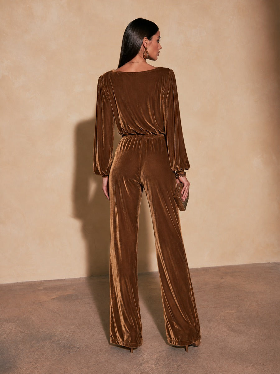 Women's Asymmetric Metal Button Retro Velvet Balloon Sleeve Jumpsuit
