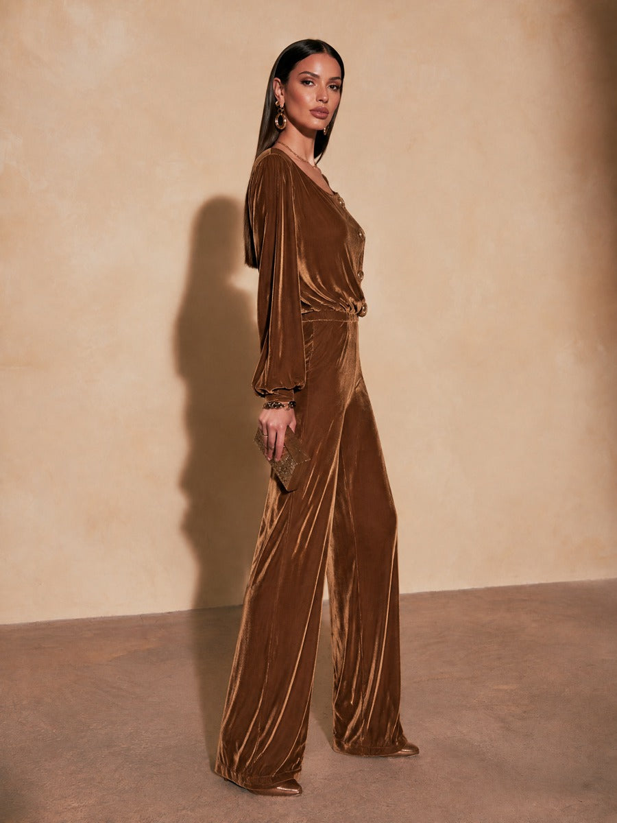Women's Asymmetric Metal Button Retro Velvet Balloon Sleeve Jumpsuit