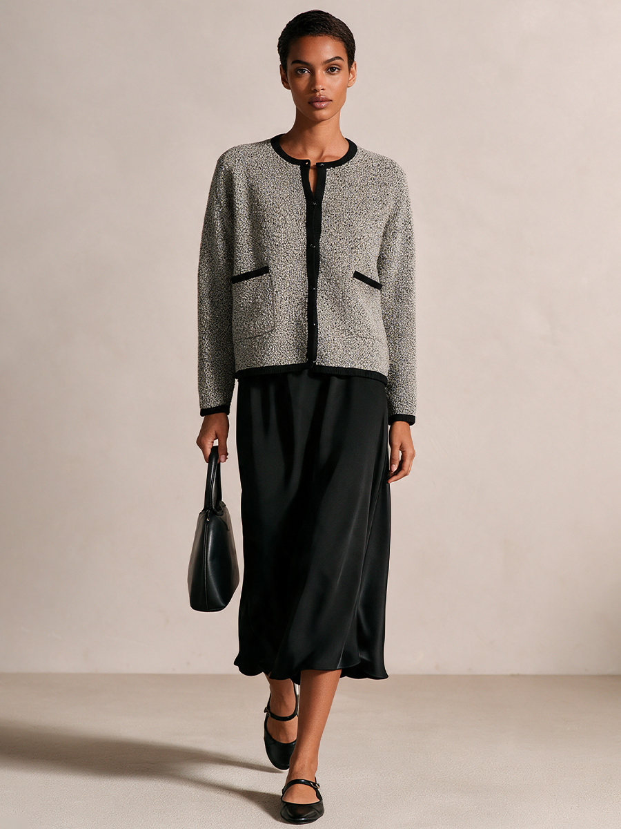 Women's Contrast Trim Crewneck Knit Cardigan And Satin Skirt Set