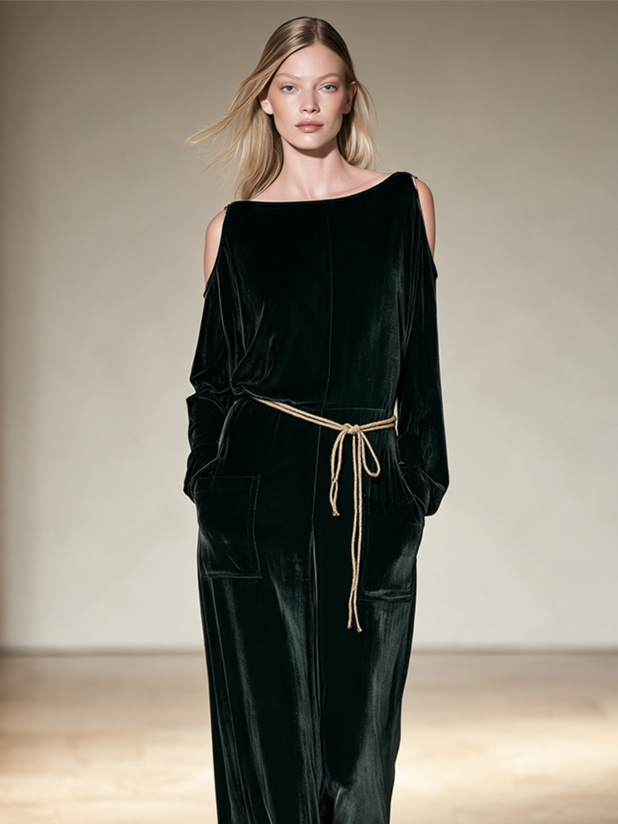 Women's Dark Green Velvet Cold Shoulder Jumpsuit