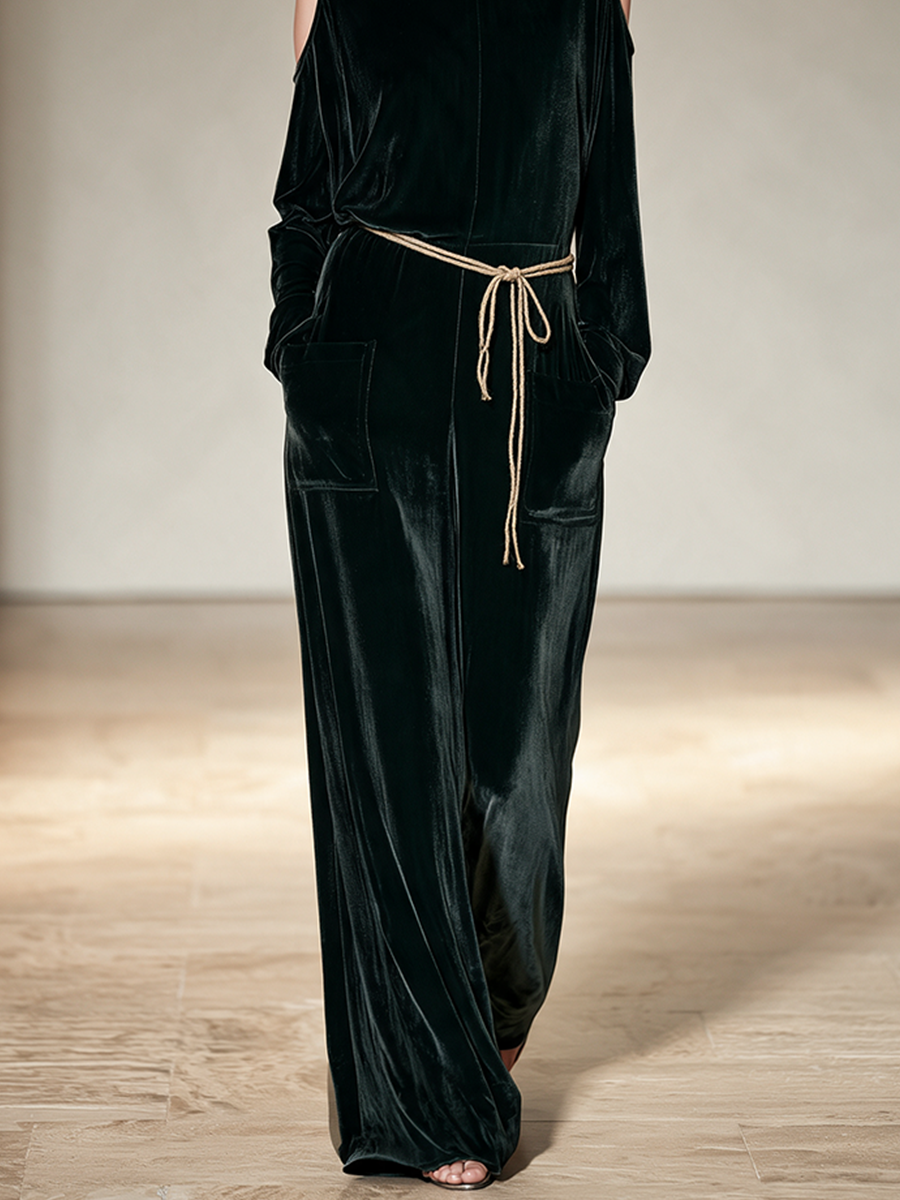 Women's Dark Green Velvet Cold Shoulder Jumpsuit