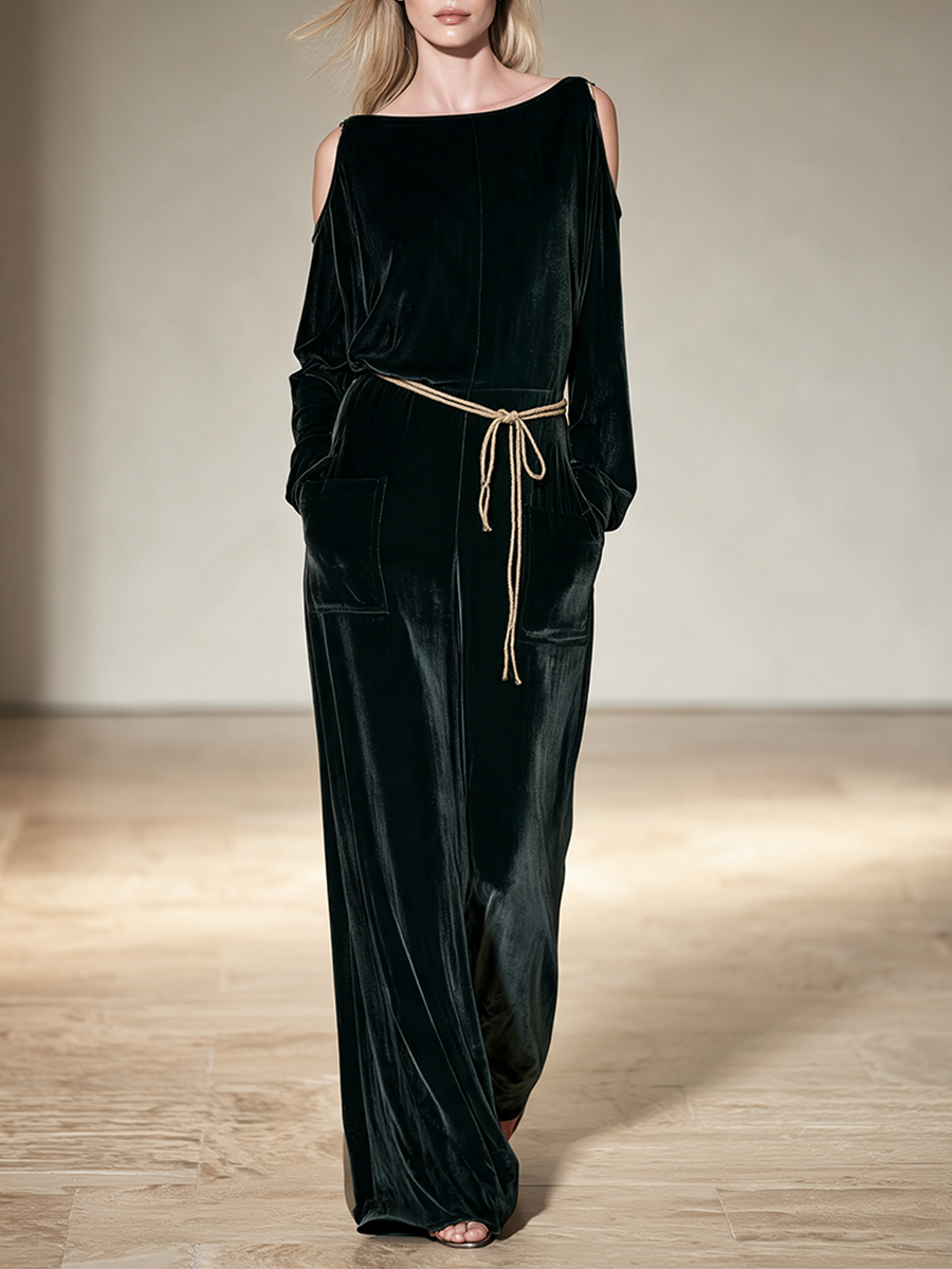 Women's Dark Green Velvet Cold Shoulder Jumpsuit