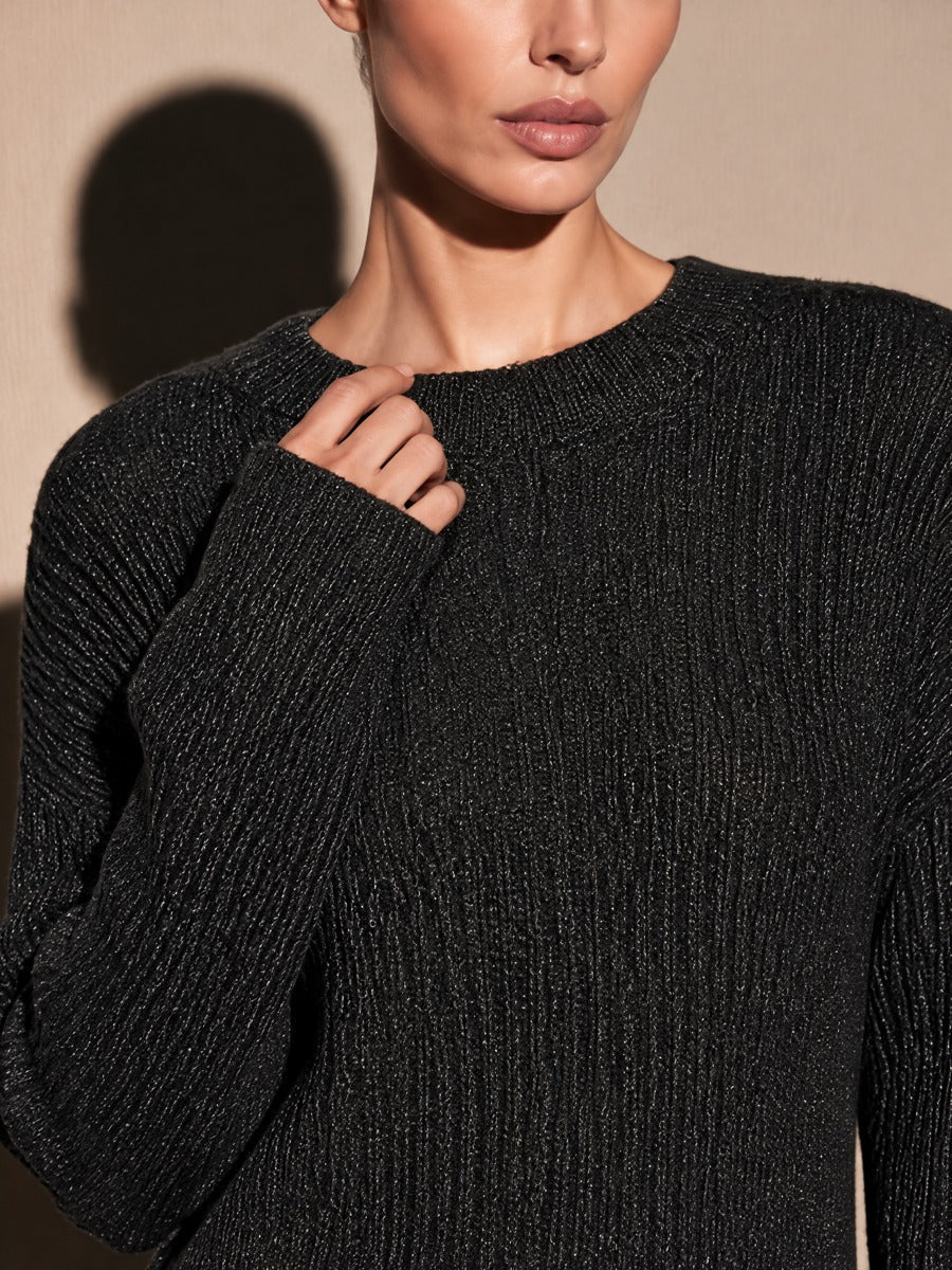 Women's Crew Neck Sweater Mini Dress with Lace Trim Hem