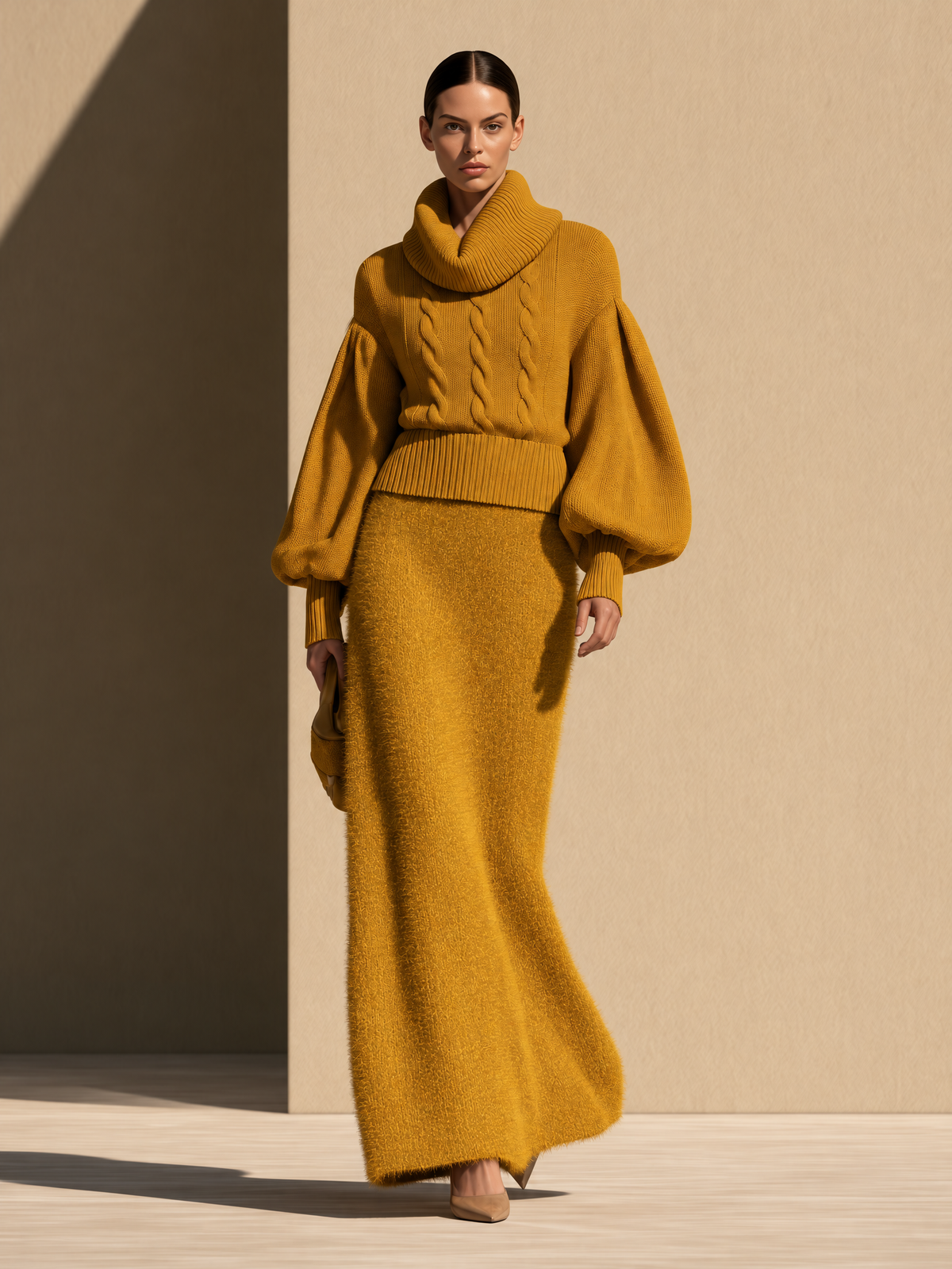 Women's Cable-Knit Turtleneck Balloon Sleeve Sweater