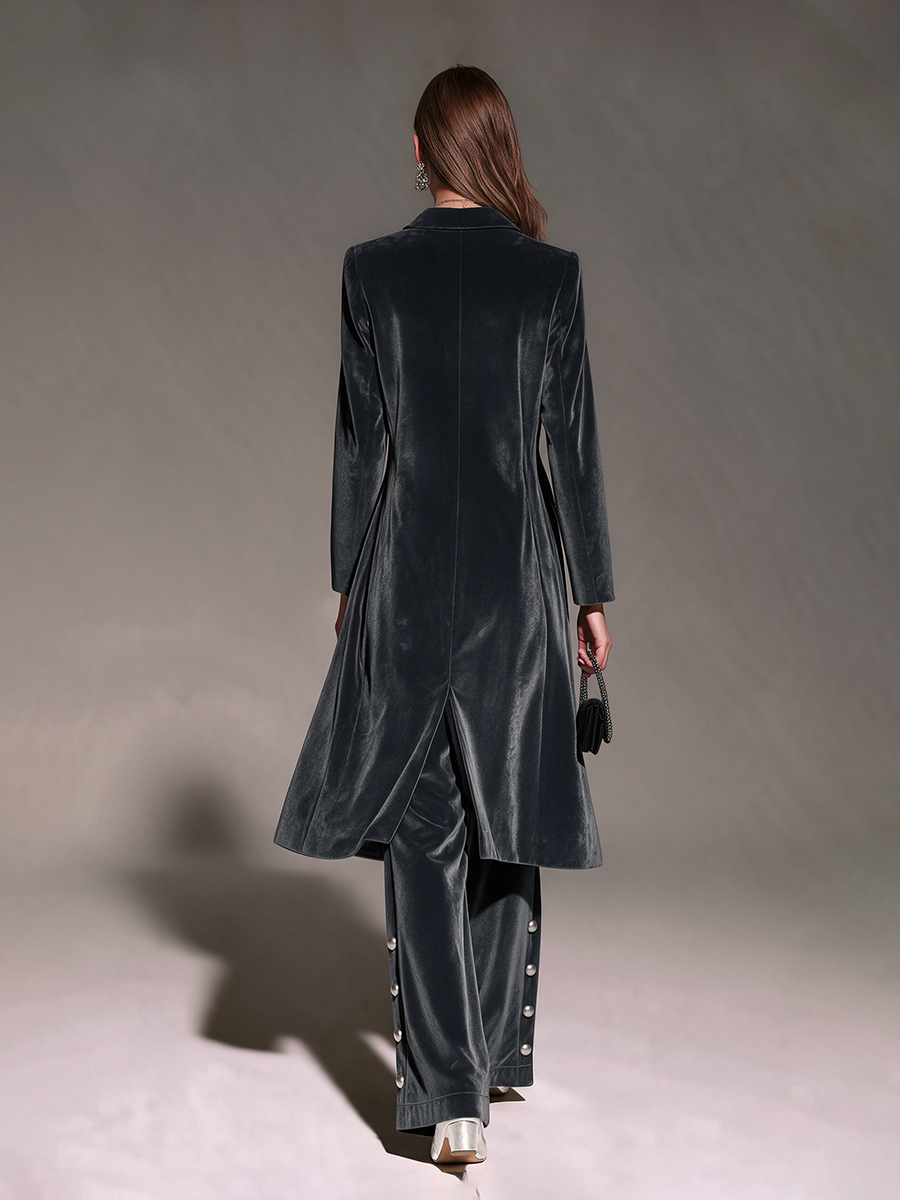 Women's Charcoal Velvet Notch Lapel Double-Breasted Cinched-Waist Slit Long Coat