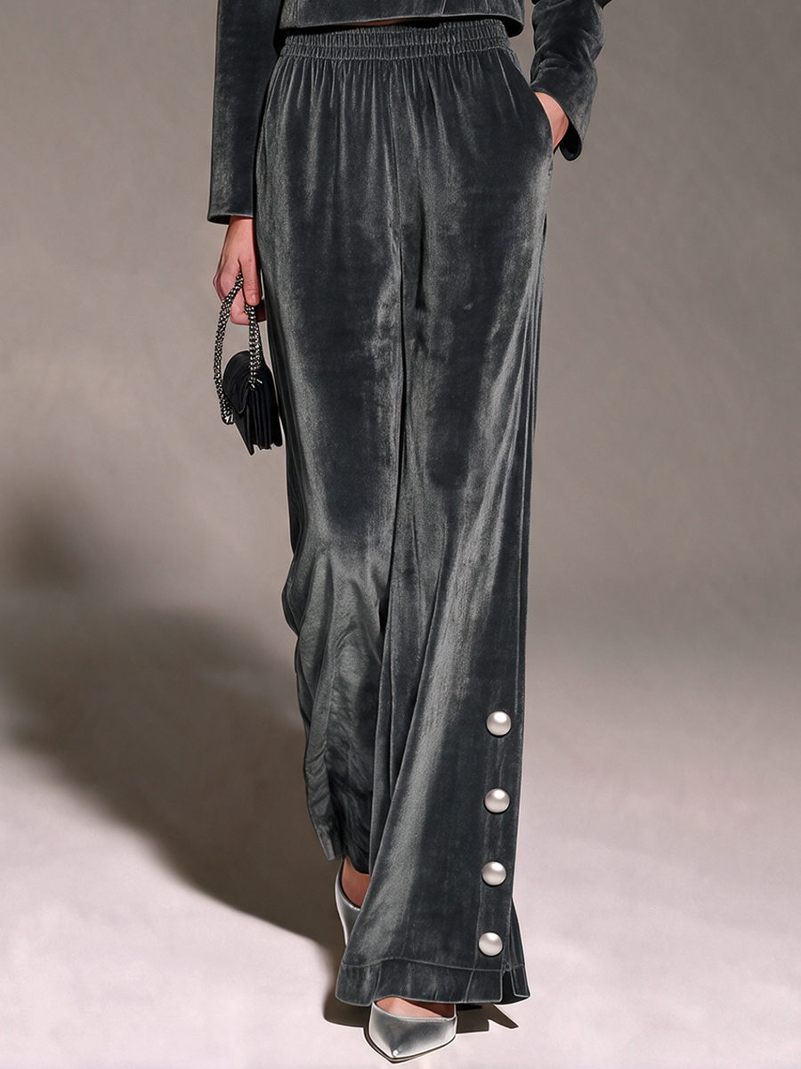 Women's Charcoal Velvet Elastic Waist Side-Button Wide-Leg Pants