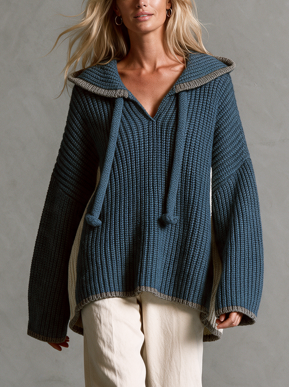 Women's Casual Blue Long-sleeved Hooded Knit Sweater