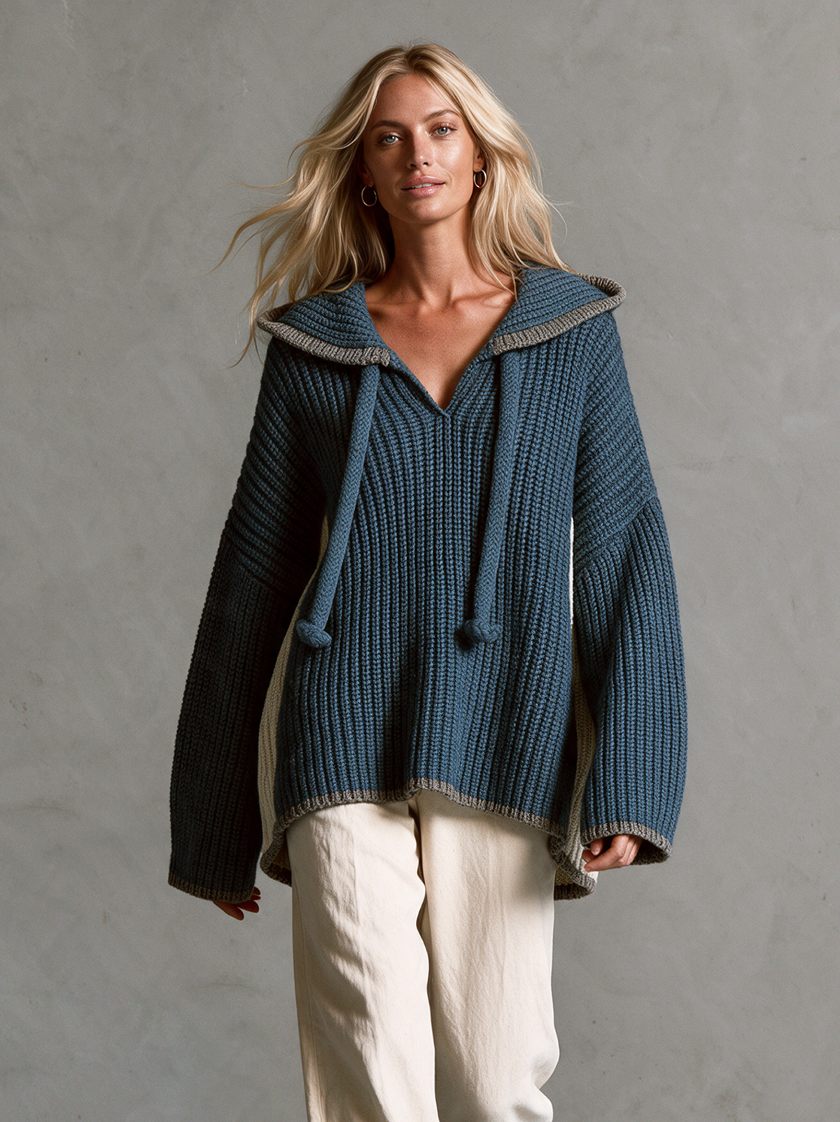 Women's Casual Blue Long-sleeved Hooded Knit Sweater