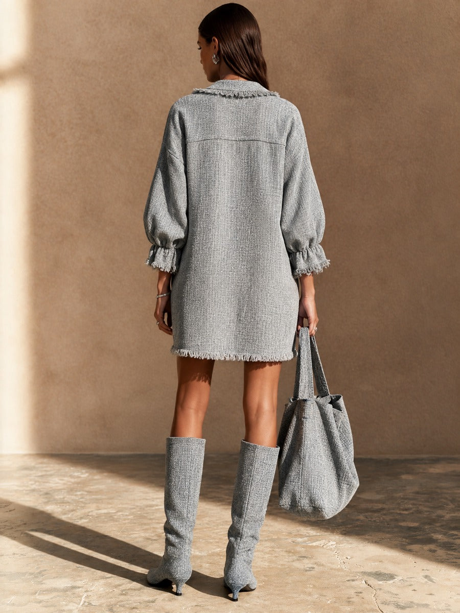 Women's Casual Frayed Trim Contrast Button Mini Dress