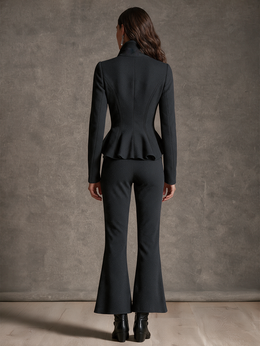 Women's Black Stand Collar Double-Breasted Cinched-Waist Peplum Long Sleeve Blazer