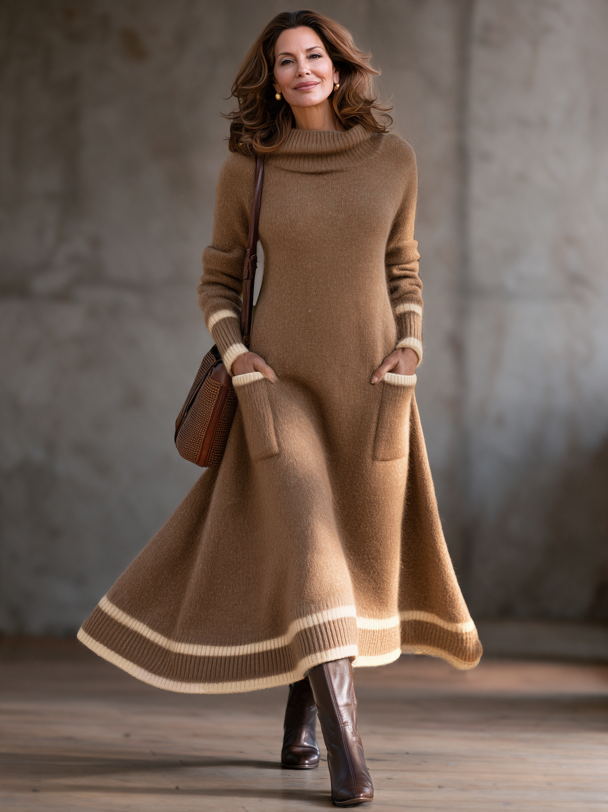 Women's Cowl Neck Sweater Dress With Stripe Trim Knit Maxi Dress