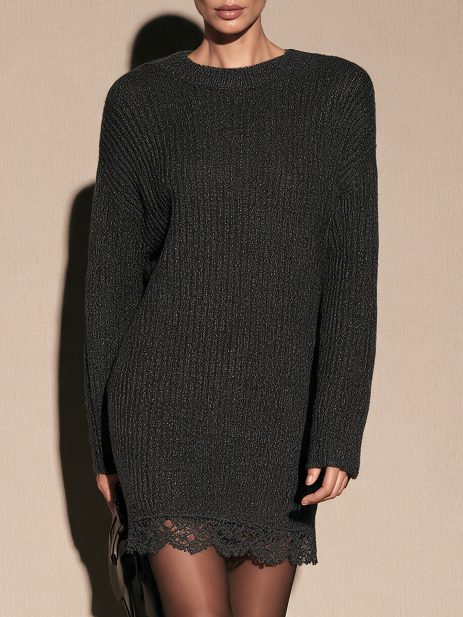 Women's Crew Neck Sweater Mini Dress with Lace Trim Hem