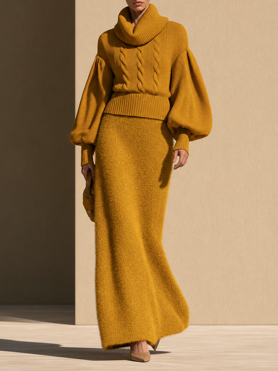 Women's Cable-Knit Turtleneck Balloon Sleeve Sweater