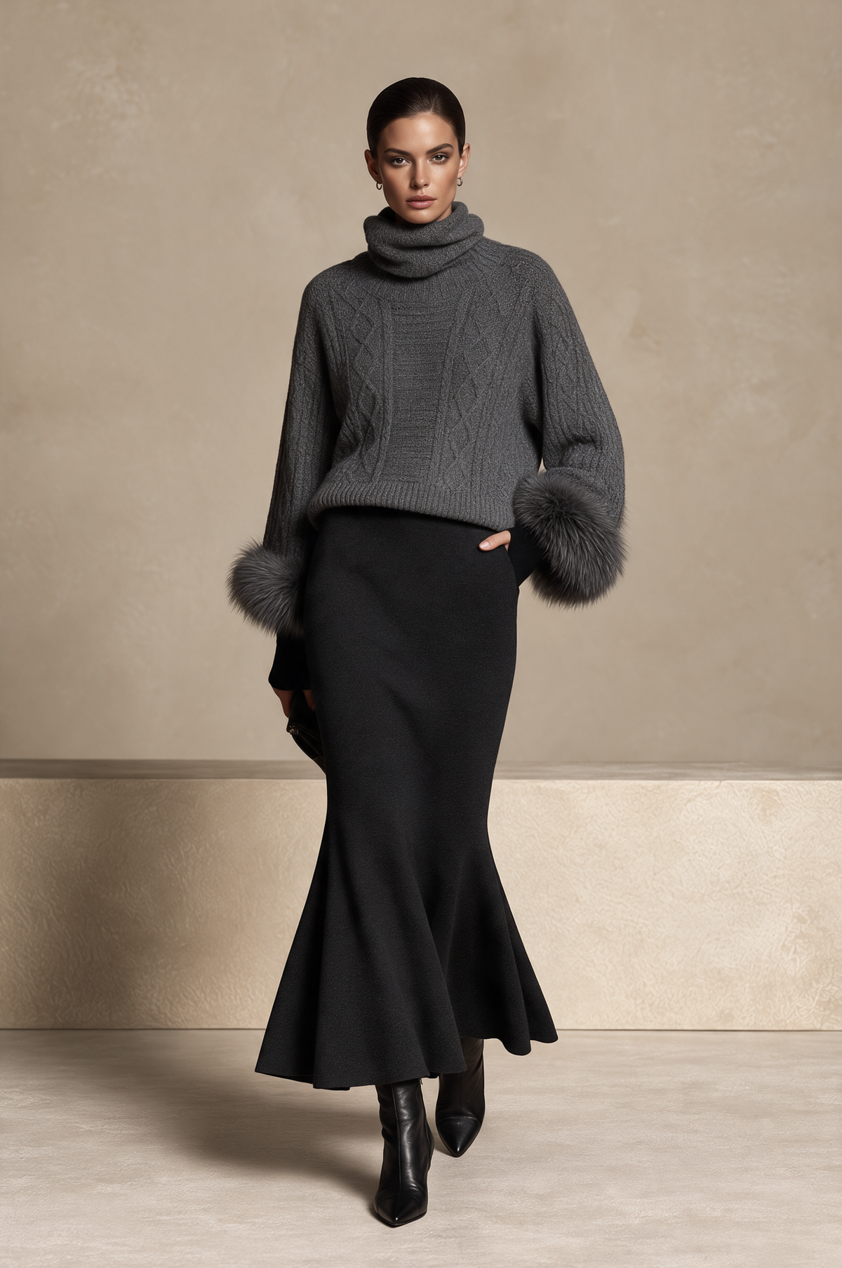 Women's Chunky Cable Knit Fur Cuff Gray Sweater
