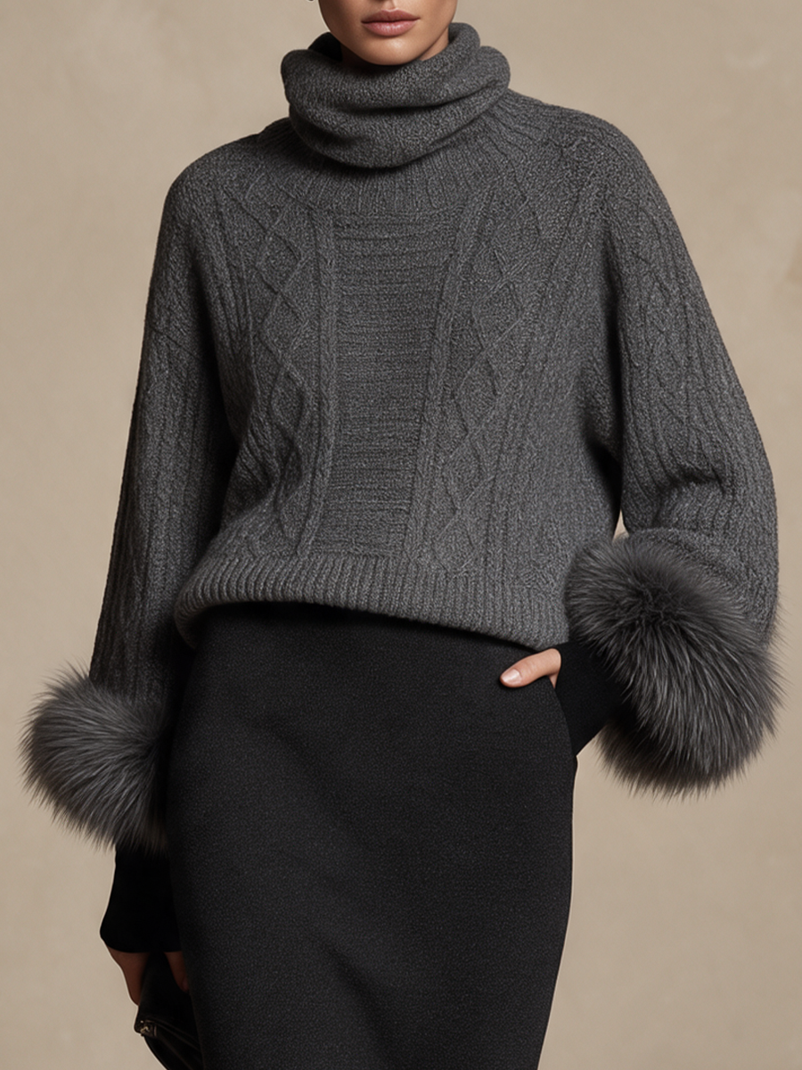 Women's Chunky Cable Knit Fur Cuff Gray Sweater