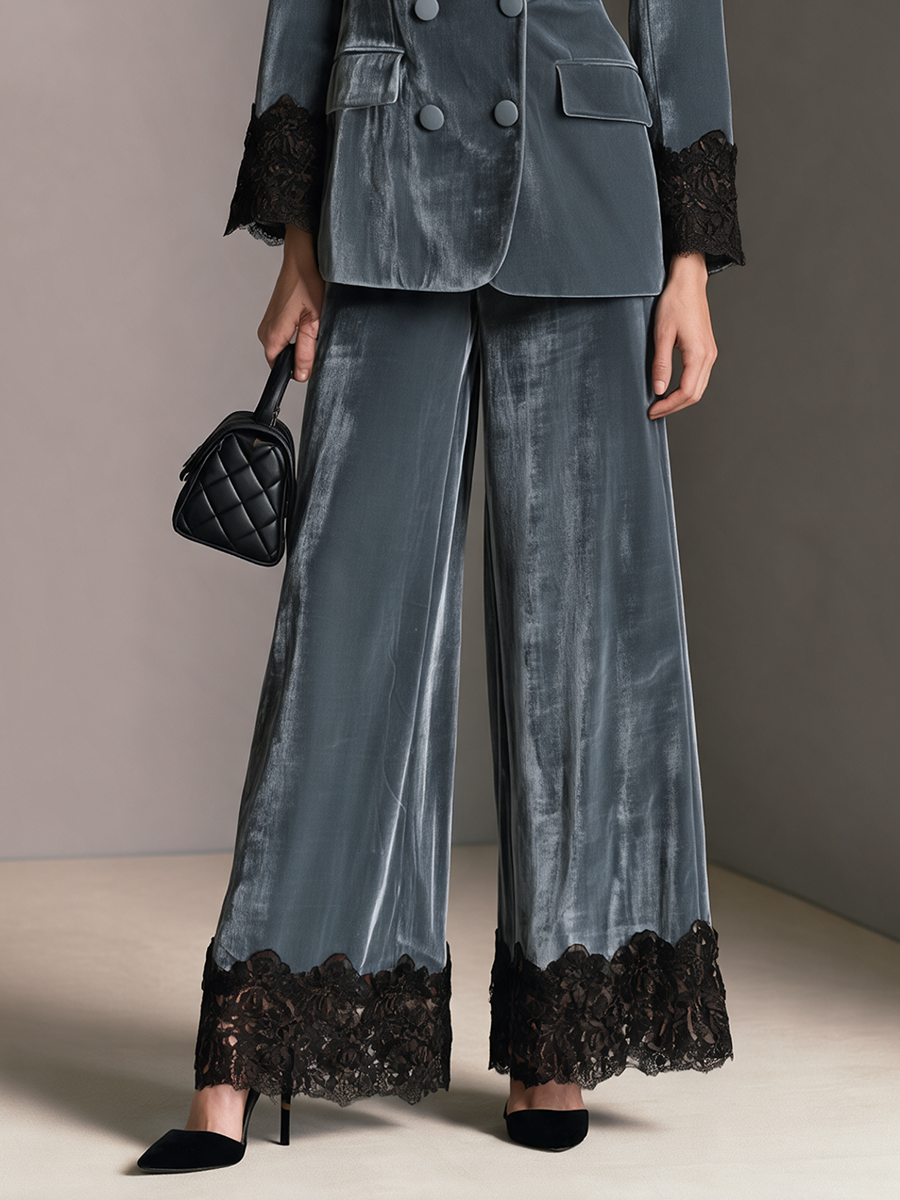 Women's Blue-Grey Velvet Black Lace Trim Wide-Leg Pants