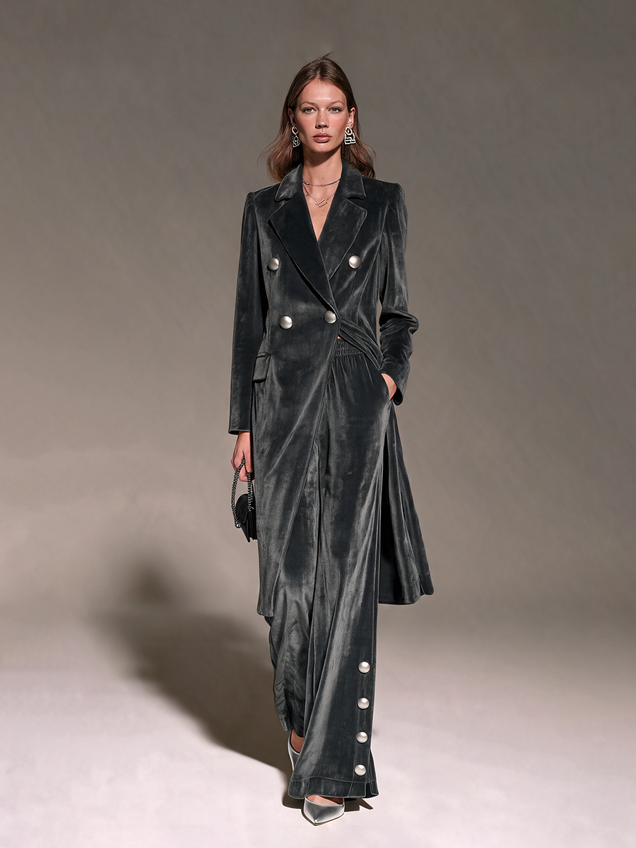 Women's Charcoal Velvet Notch Lapel Double-Breasted Cinched-Waist Slit Long Coat