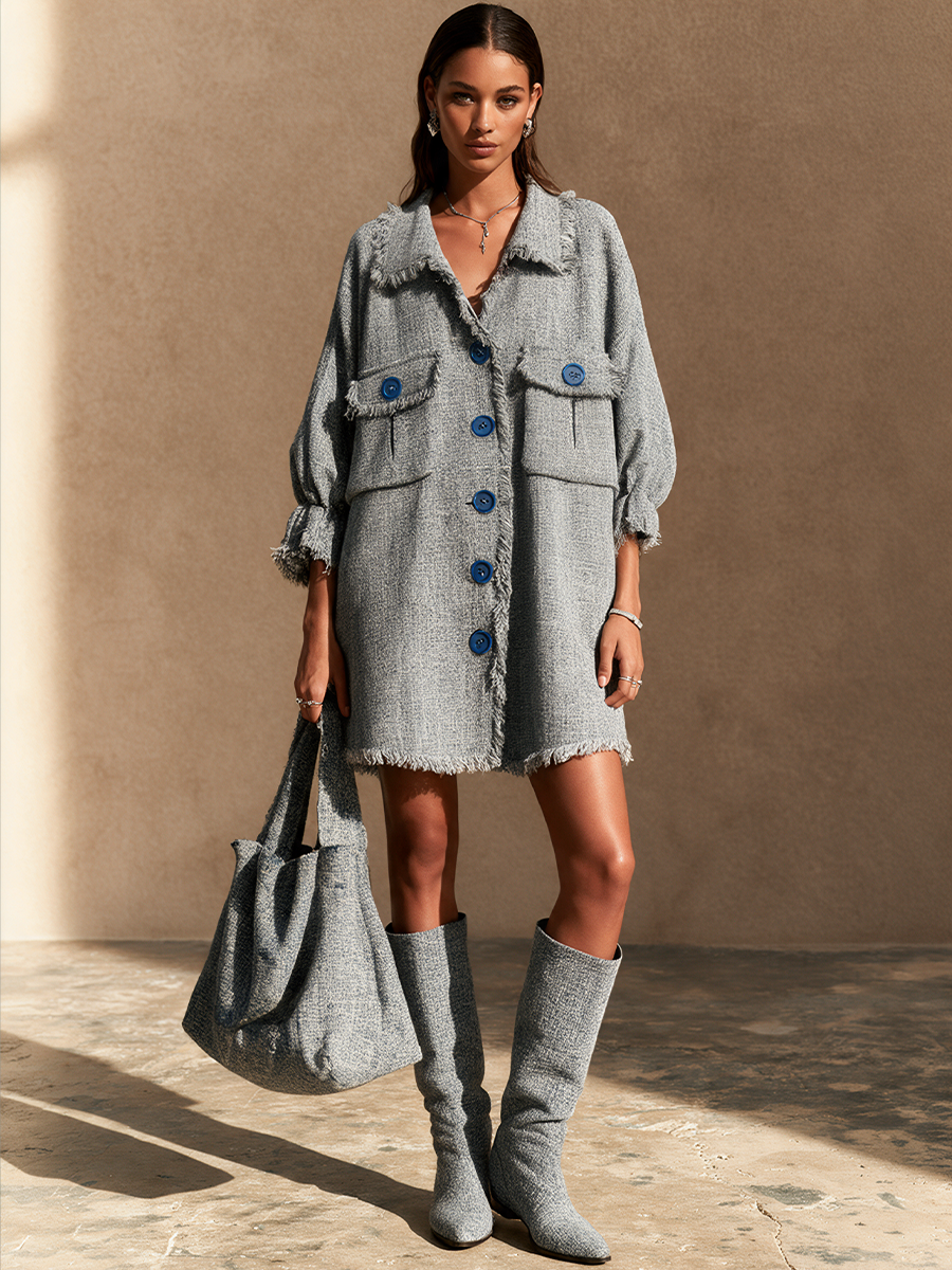 Women's Casual Frayed Trim Contrast Button Mini Dress