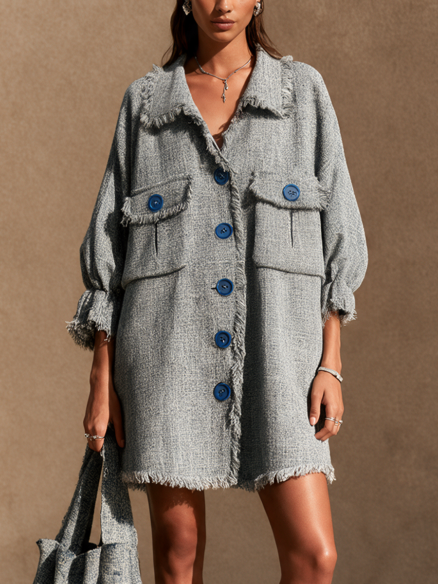 Women's Casual Frayed Trim Contrast Button Mini Dress