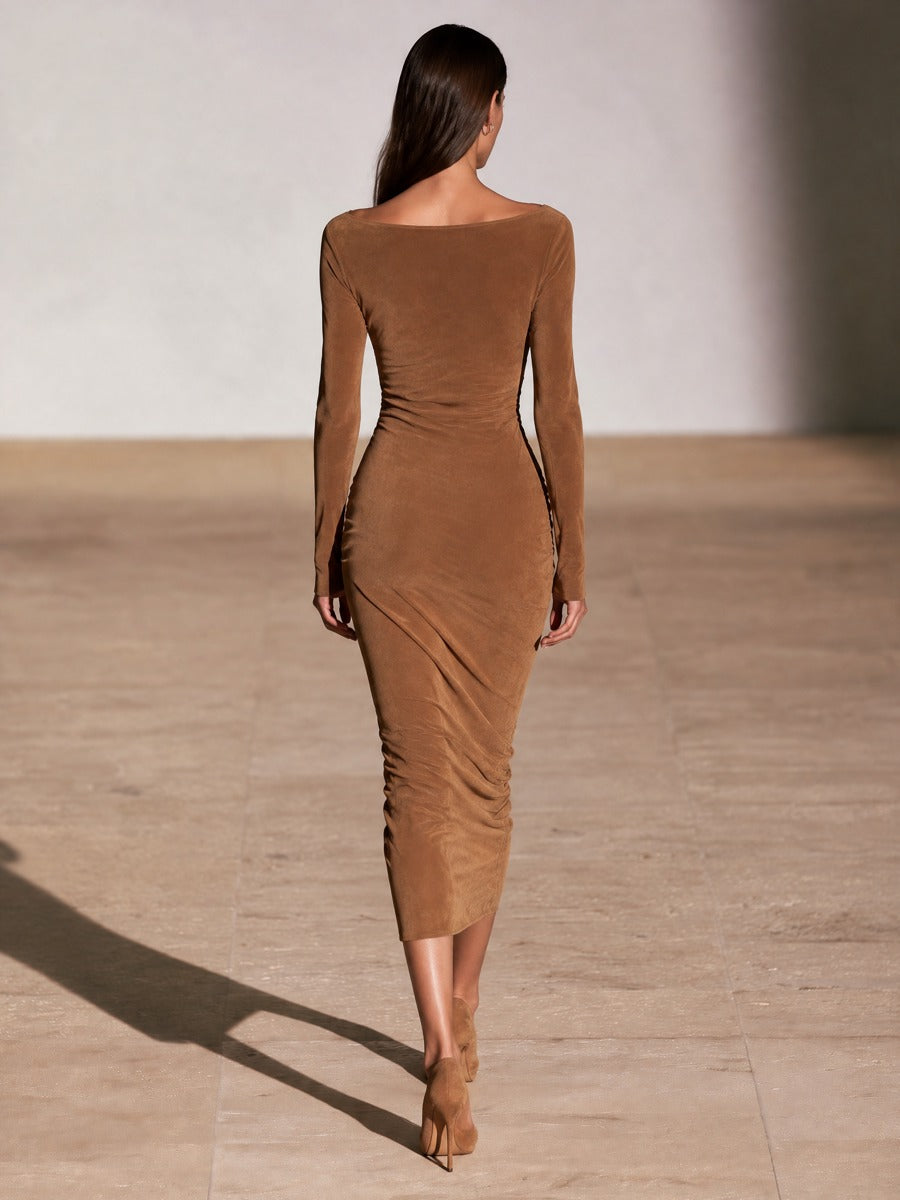 Women's Boat Neck Ruched Party Midi Dress