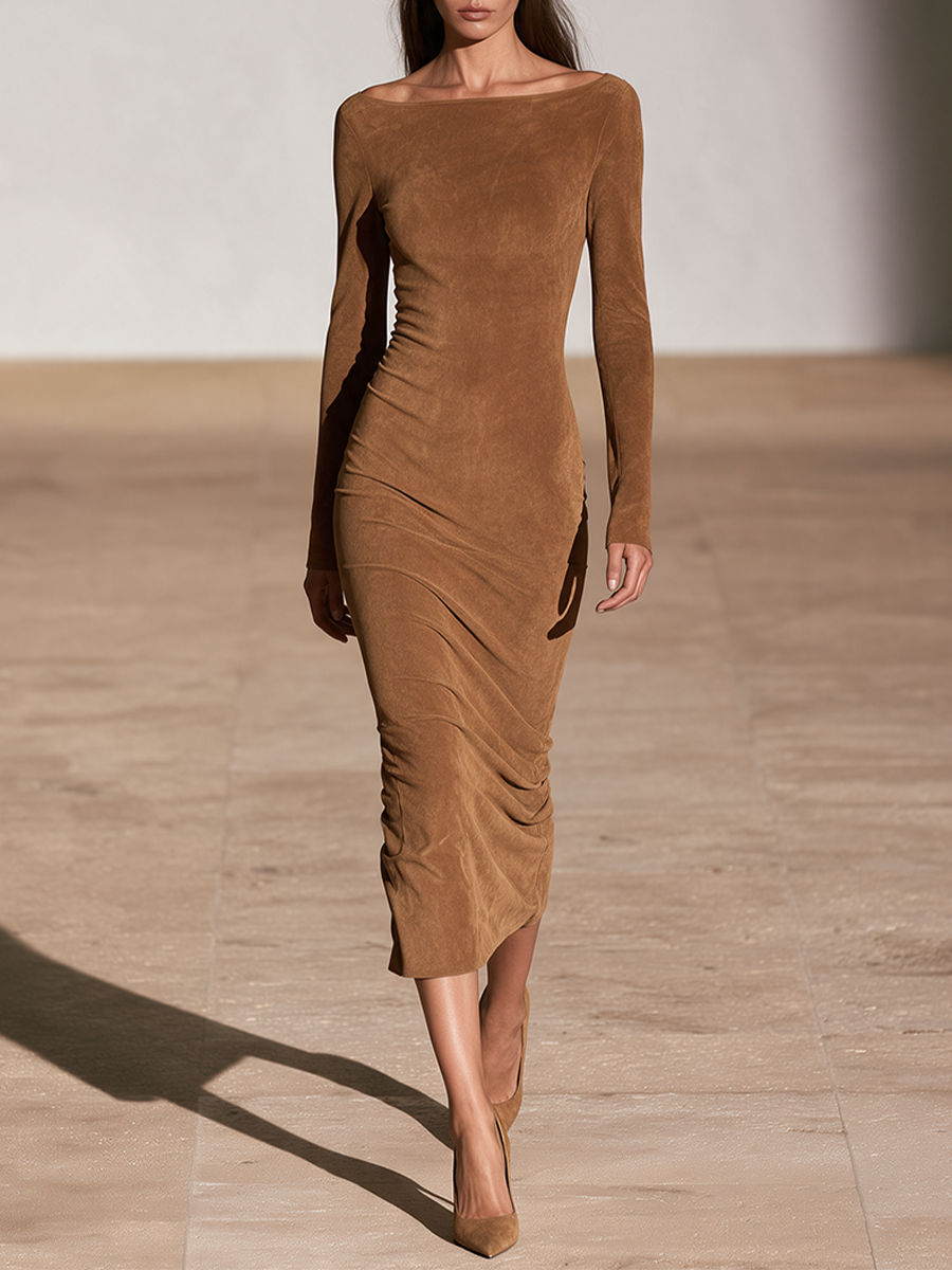 Women's Boat Neck Ruched Party Midi Dress