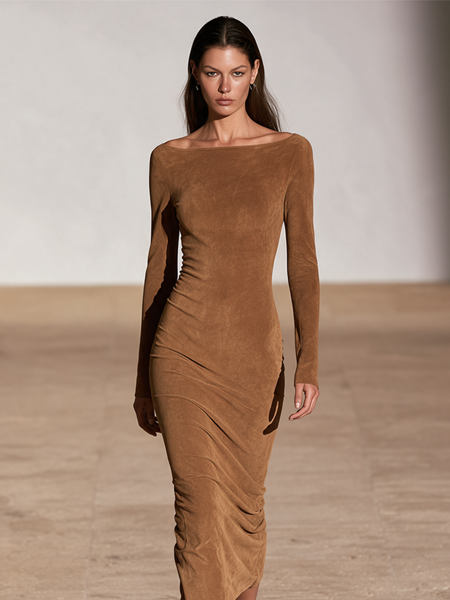 Women's Boat Neck Ruched Party Midi Dress