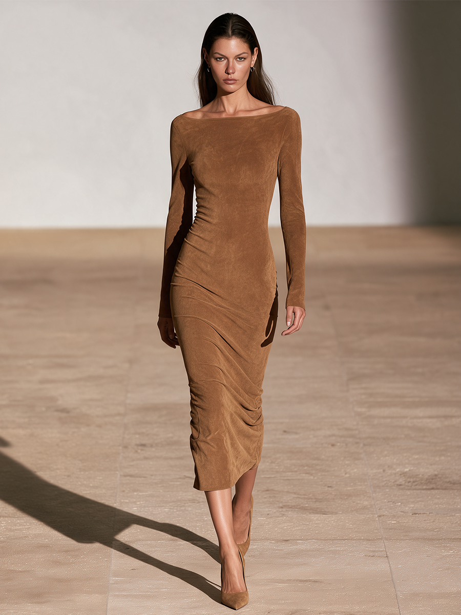 Women's Boat Neck Ruched Party Midi Dress
