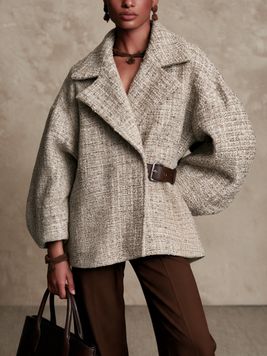 Women's Casual Leather Buckle Collared Cropped Coat