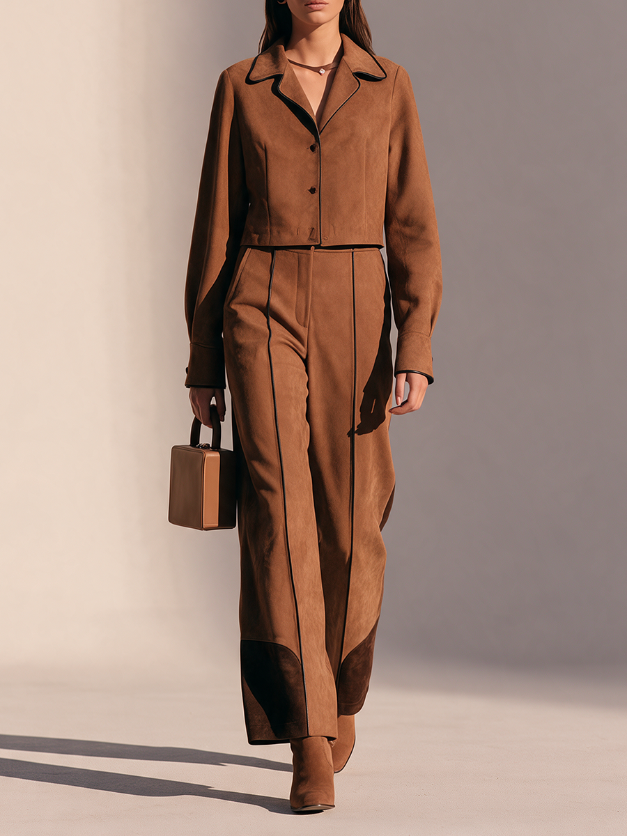 Women's Caramel Brown Faux Suede Black Piping Cropped Jacket And Wide-Leg Pants Set