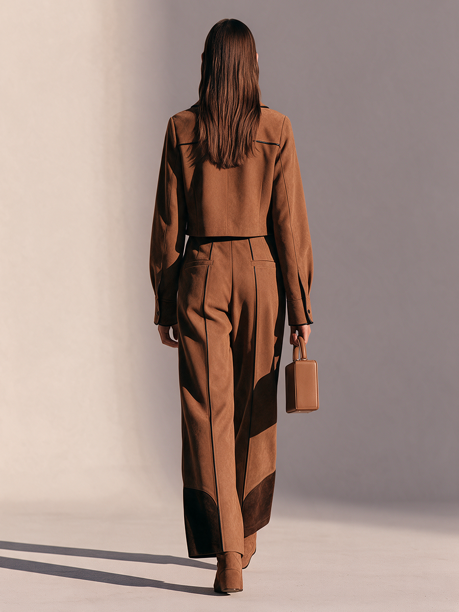 Women's Caramel Brown Faux Suede Black Piping Cropped Jacket And Wide-Leg Pants Set