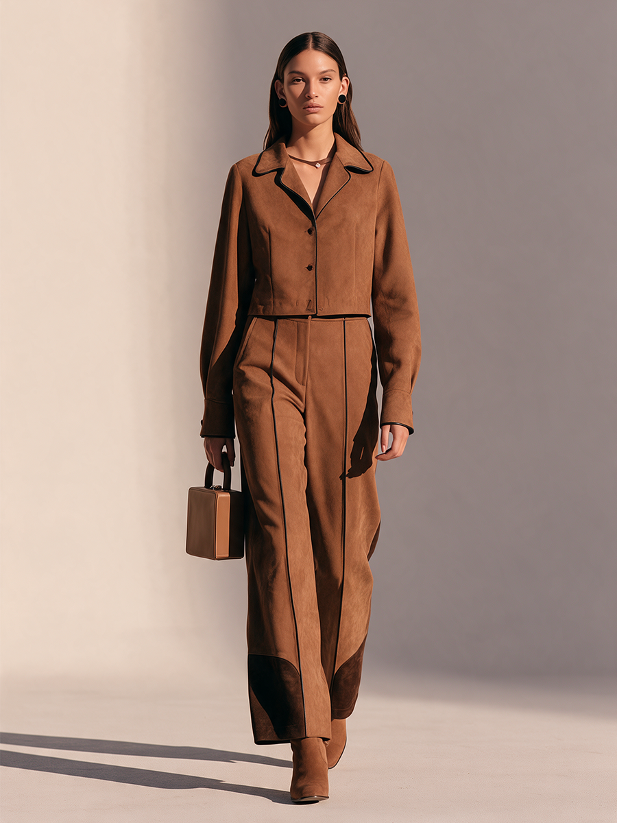 Women's Caramel Brown Faux Suede Black Piping Cropped Jacket And Wide-Leg Pants Set
