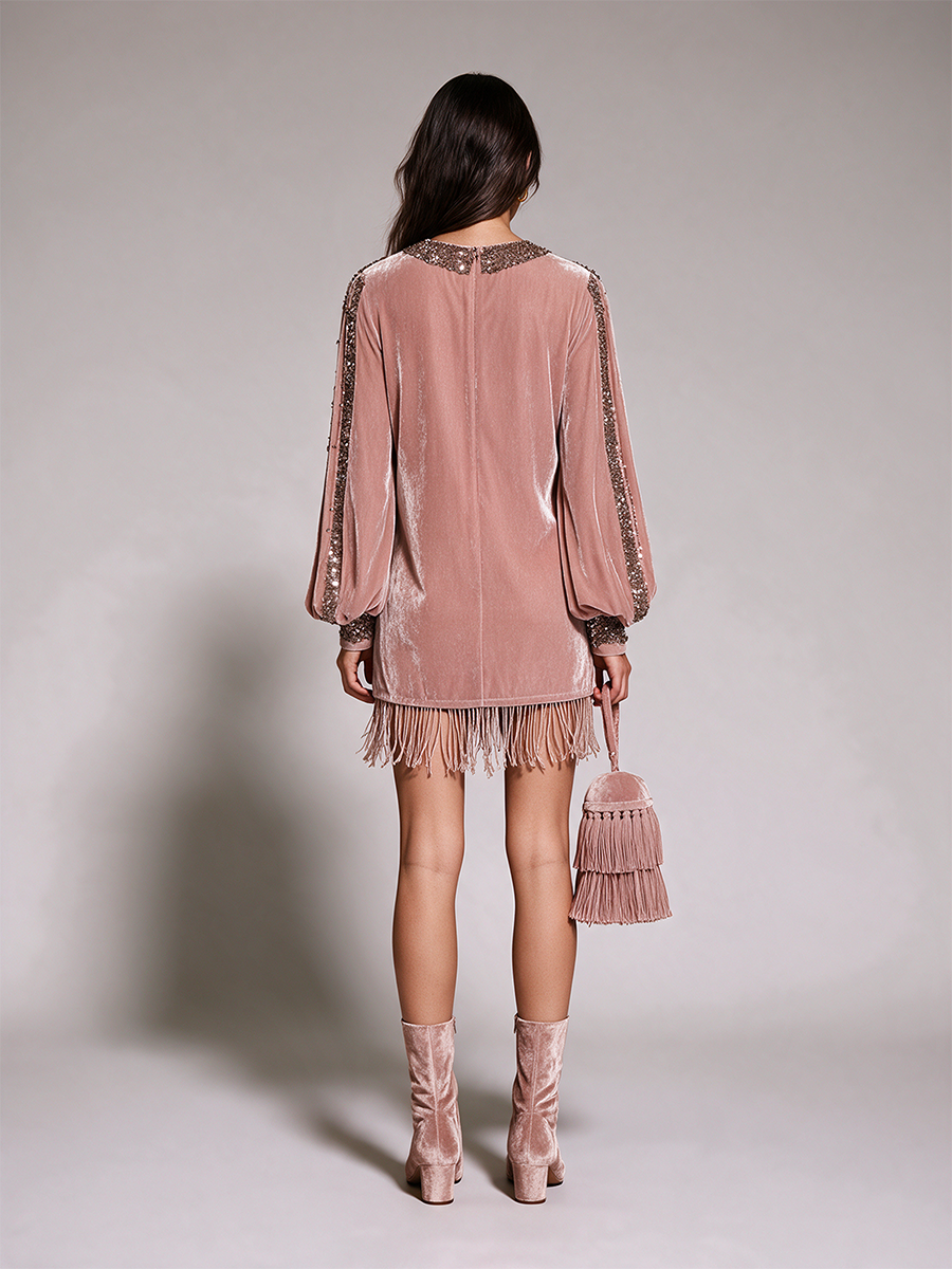 Women's Dusty Pink Velvet Sequin Trim V-Neck Fringe Hem Balloon Sleeve Mini Dress