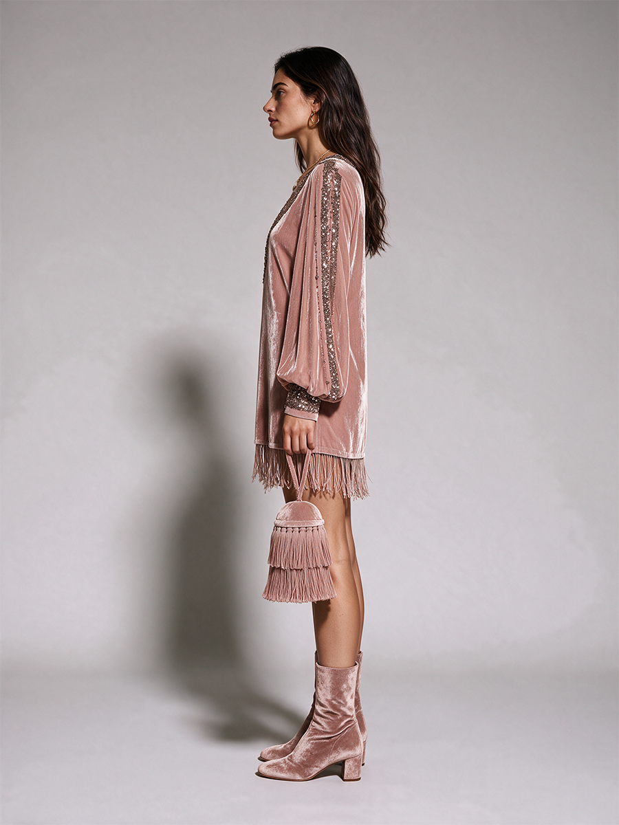 Women's Dusty Pink Velvet Sequin Trim V-Neck Fringe Hem Balloon Sleeve Mini Dress