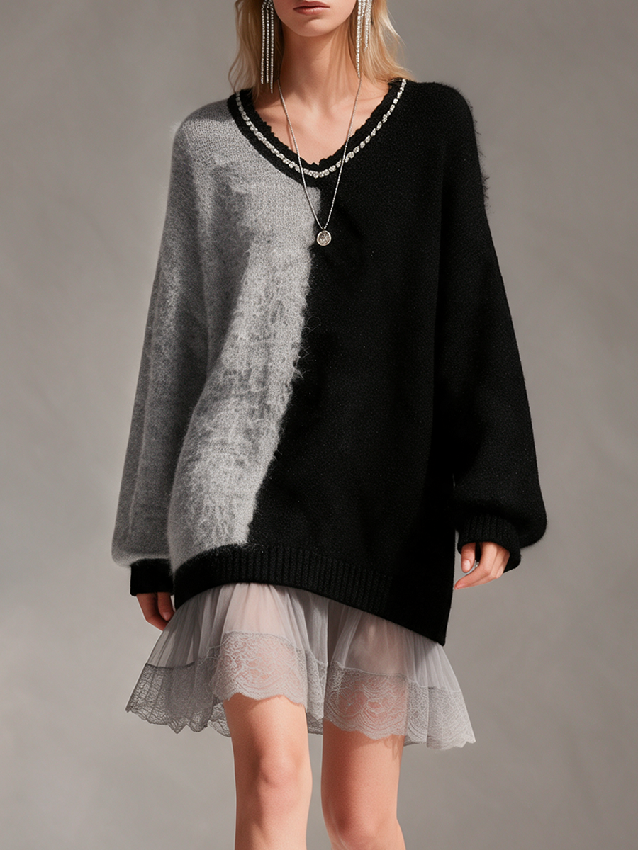 Women's Black And Grey Color-Block V-Neck Drop-Shoulder Wool Knit Mini Dress