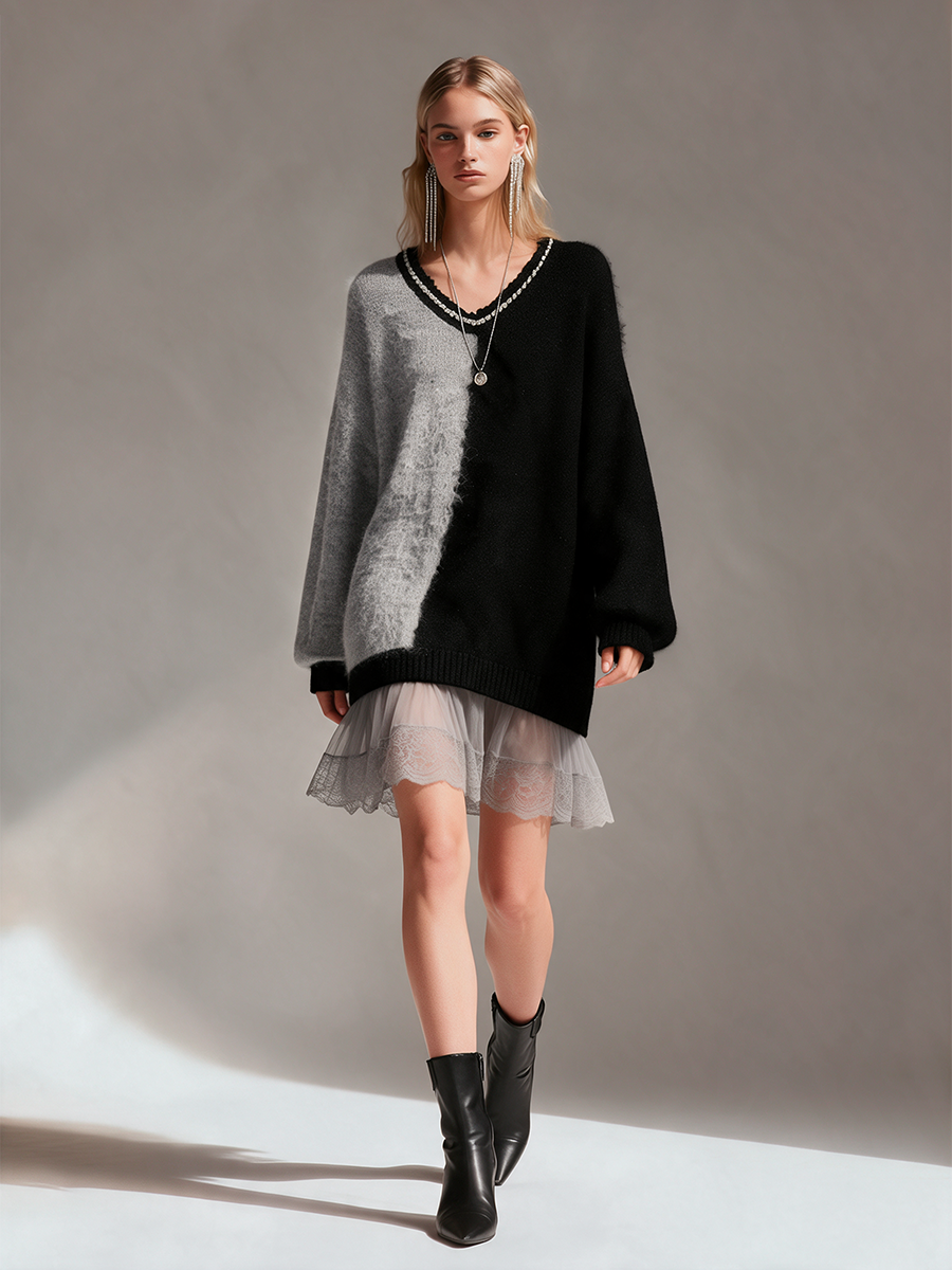 Women's Black And Grey Color-Block V-Neck Drop-Shoulder Wool Knit Mini Dress