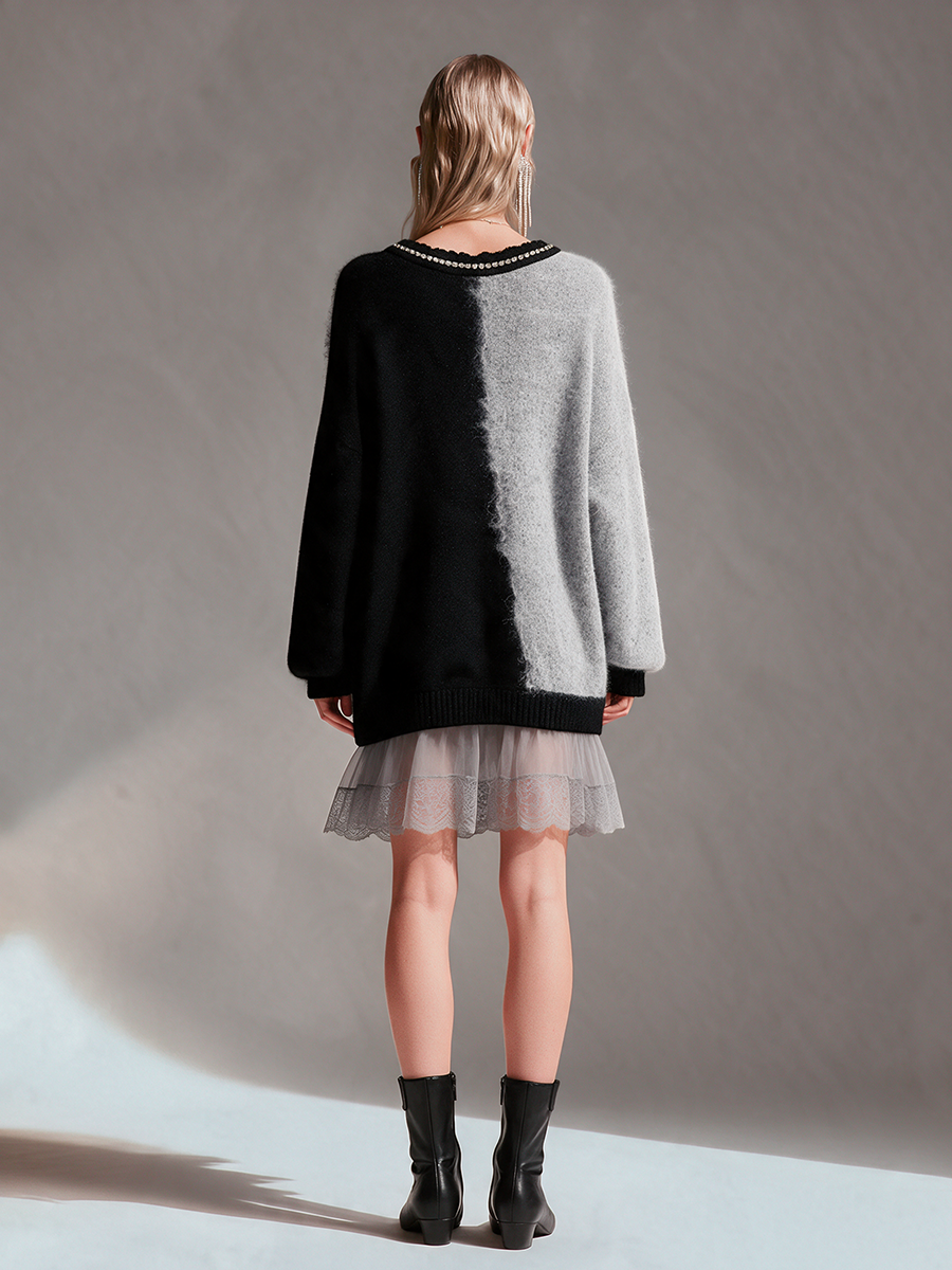 Women's Black And Grey Color-Block V-Neck Drop-Shoulder Wool Knit Mini Dress