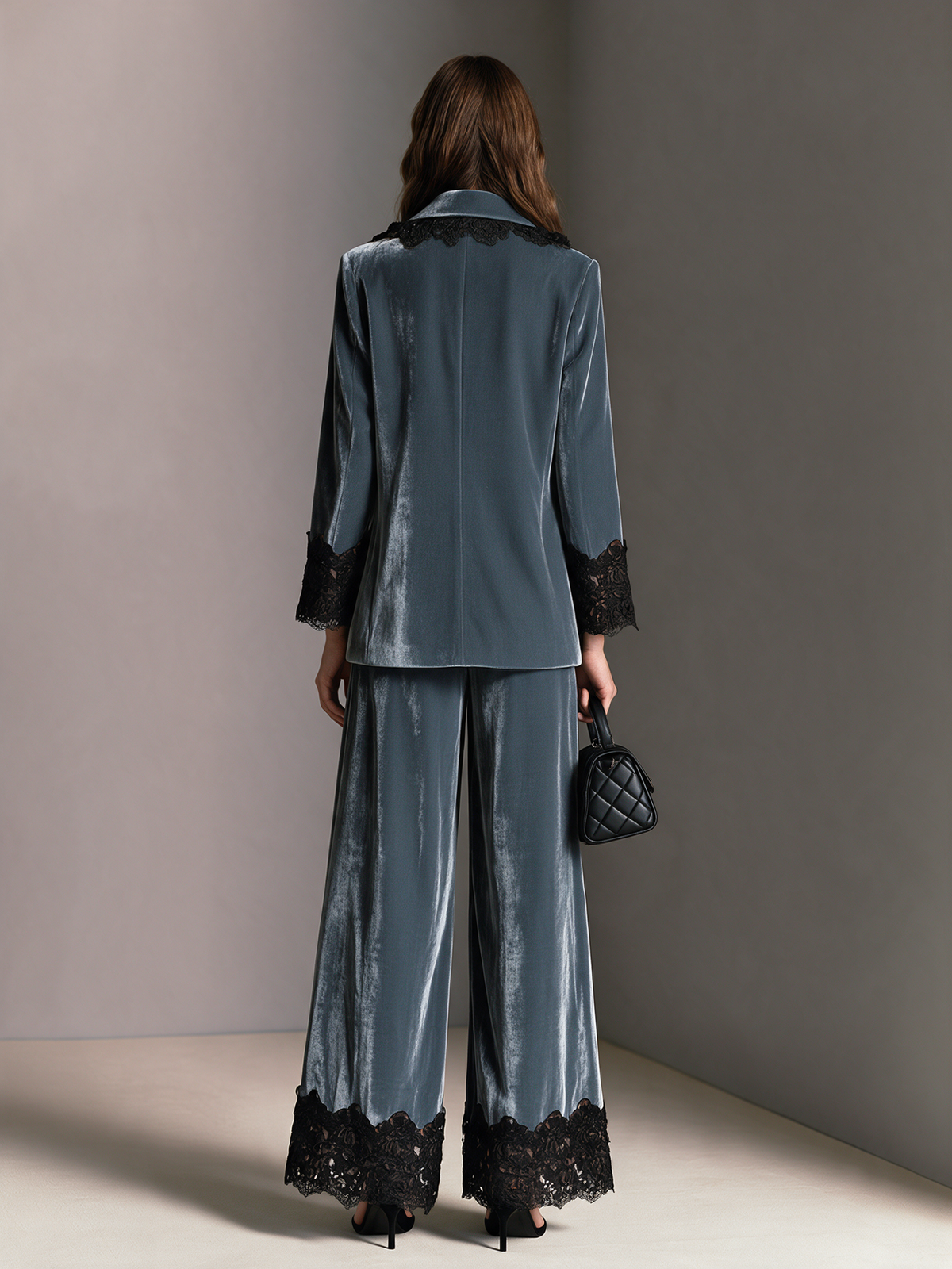 Women's Blue-Grey Velvet Black Lace Trim Wide-Leg Pants
