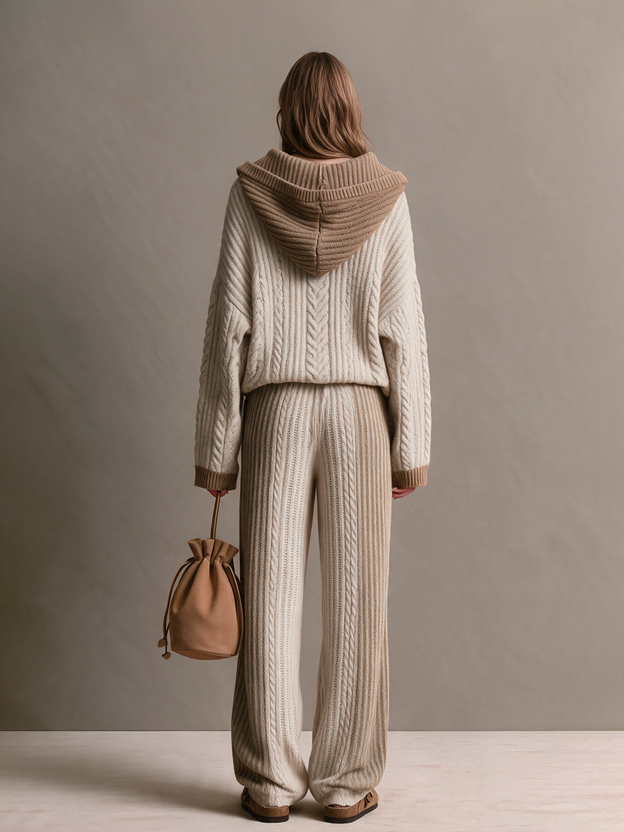 Women's Cream And Camel Hooded Cable Wool Knit Zip-Up Cardigan