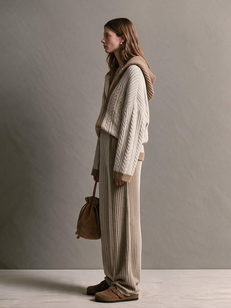 Women's Cream And Camel Hooded Cable Wool Knit Zip-Up Cardigan