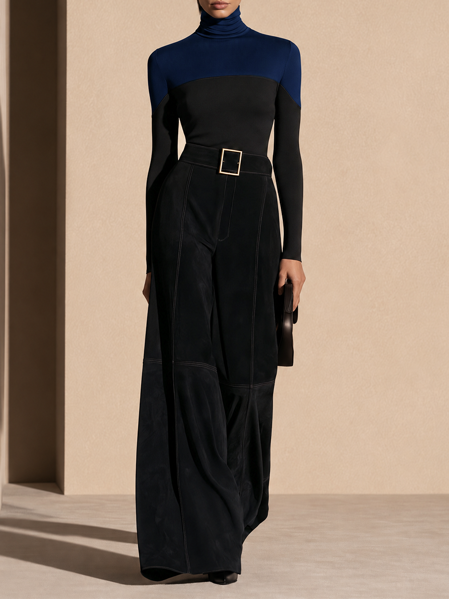 Women's Colorblock Knit Top And High-Waist Flare Pants Set