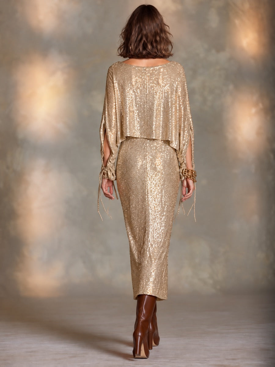 Women's Elegant Cape Sleeve Sequin Midi Dress