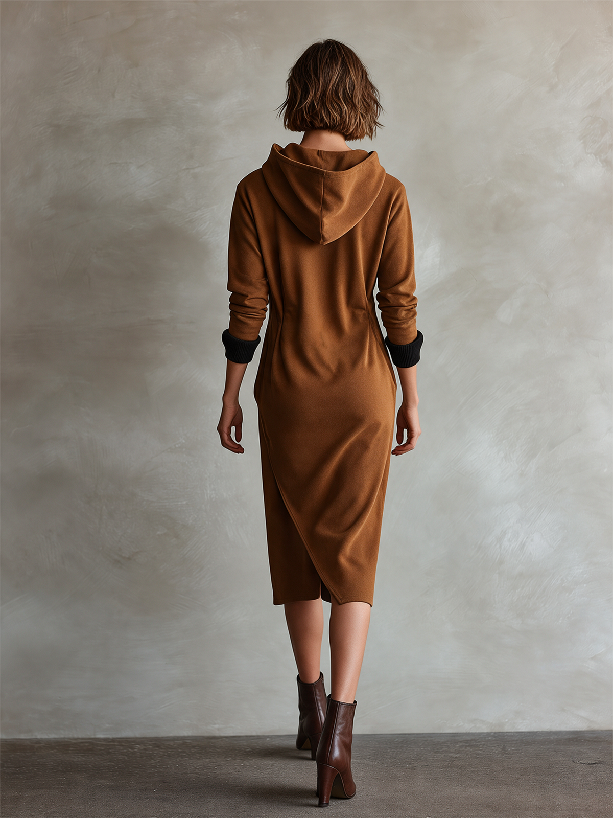 Women's Caramel Brown Sweatshirt Fabric Hooded Half‑Zip Midi Dress With Ribbed Cuffs And Wrap Hem