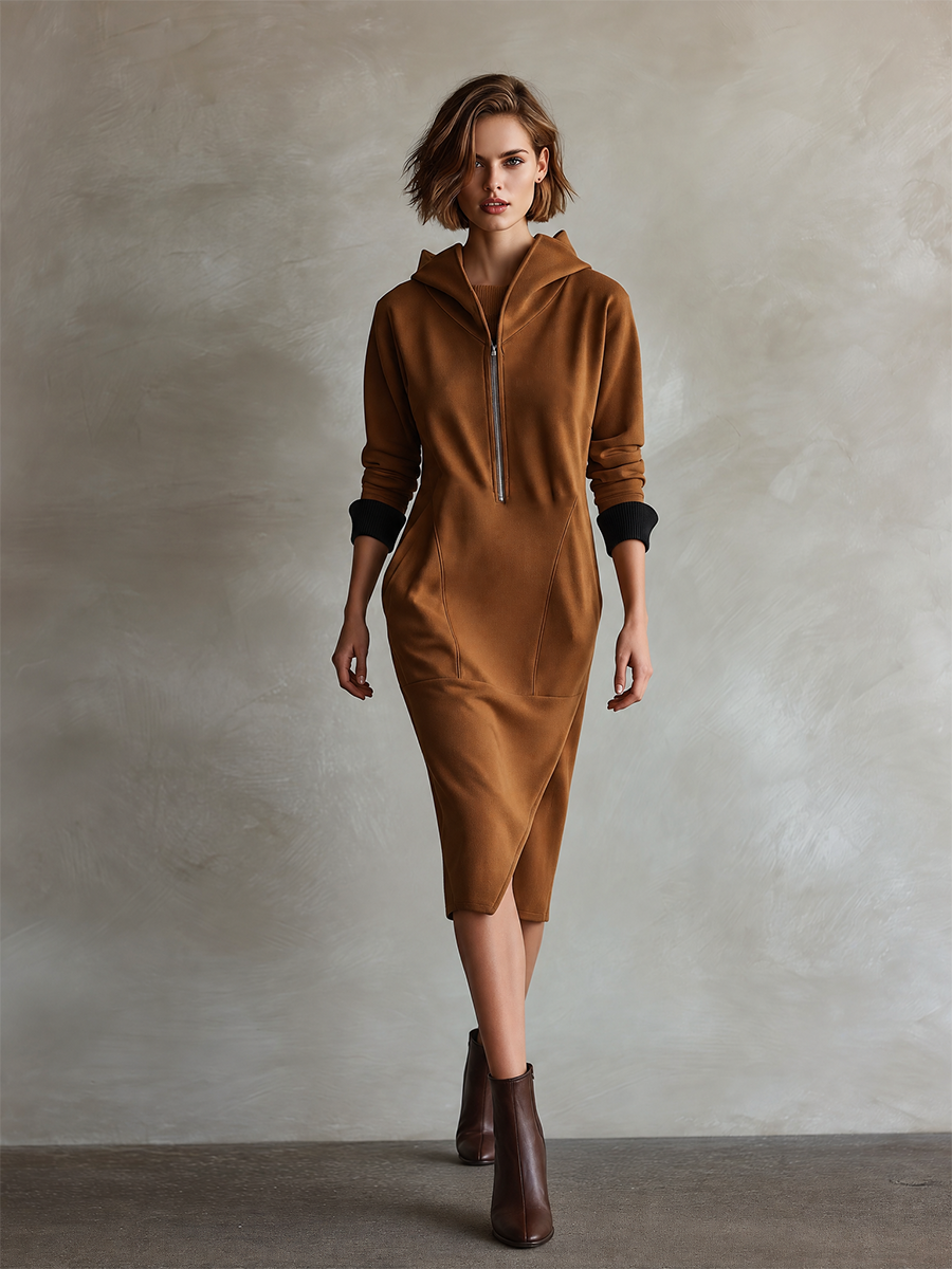 Women's Caramel Brown Sweatshirt Fabric Hooded Half‑Zip Midi Dress With Ribbed Cuffs And Wrap Hem