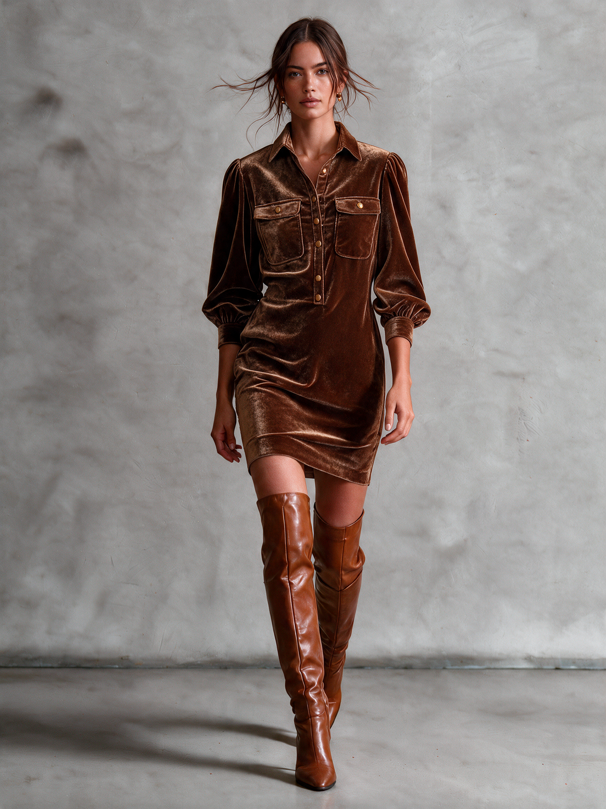Women's Caramel Brown Velvet Shirt Collar Half‑Button Puff Sleeve Mini Dress With Chest Flap Pockets