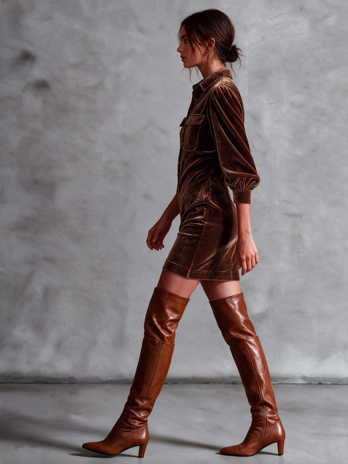 Women's Caramel Brown Velvet Shirt Collar Half‑Button Puff Sleeve Mini Dress With Chest Flap Pockets
