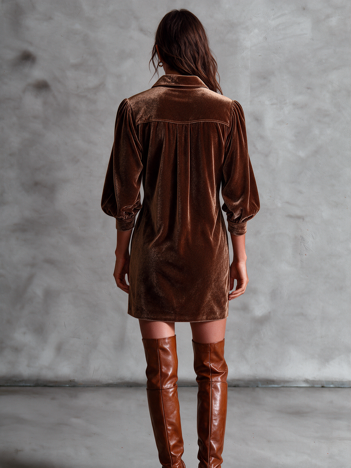 Women's Caramel Brown Velvet Shirt Collar Half‑Button Puff Sleeve Mini Dress With Chest Flap Pockets
