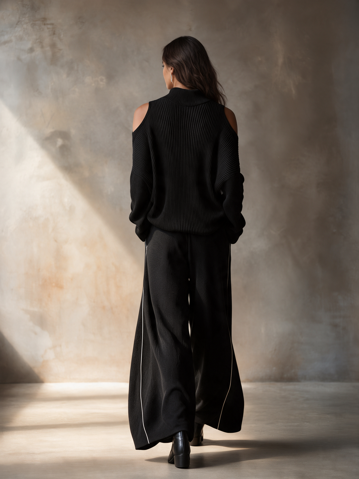 Women's Black Wool Knit Cold‑Shoulder Mock‑Neck Ribbed Sweater & Wide‑Leg Pants With Side Piping Two‑Piece Set