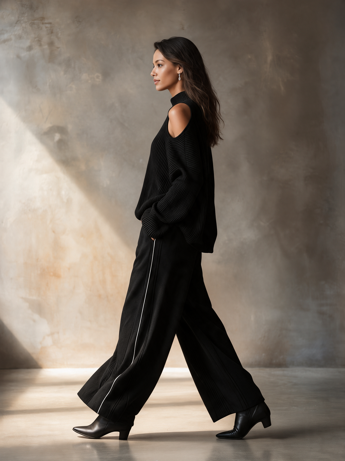 Women's Black Wool Knit Cold‑Shoulder Mock‑Neck Ribbed Sweater & Wide‑Leg Pants With Side Piping Two‑Piece Set