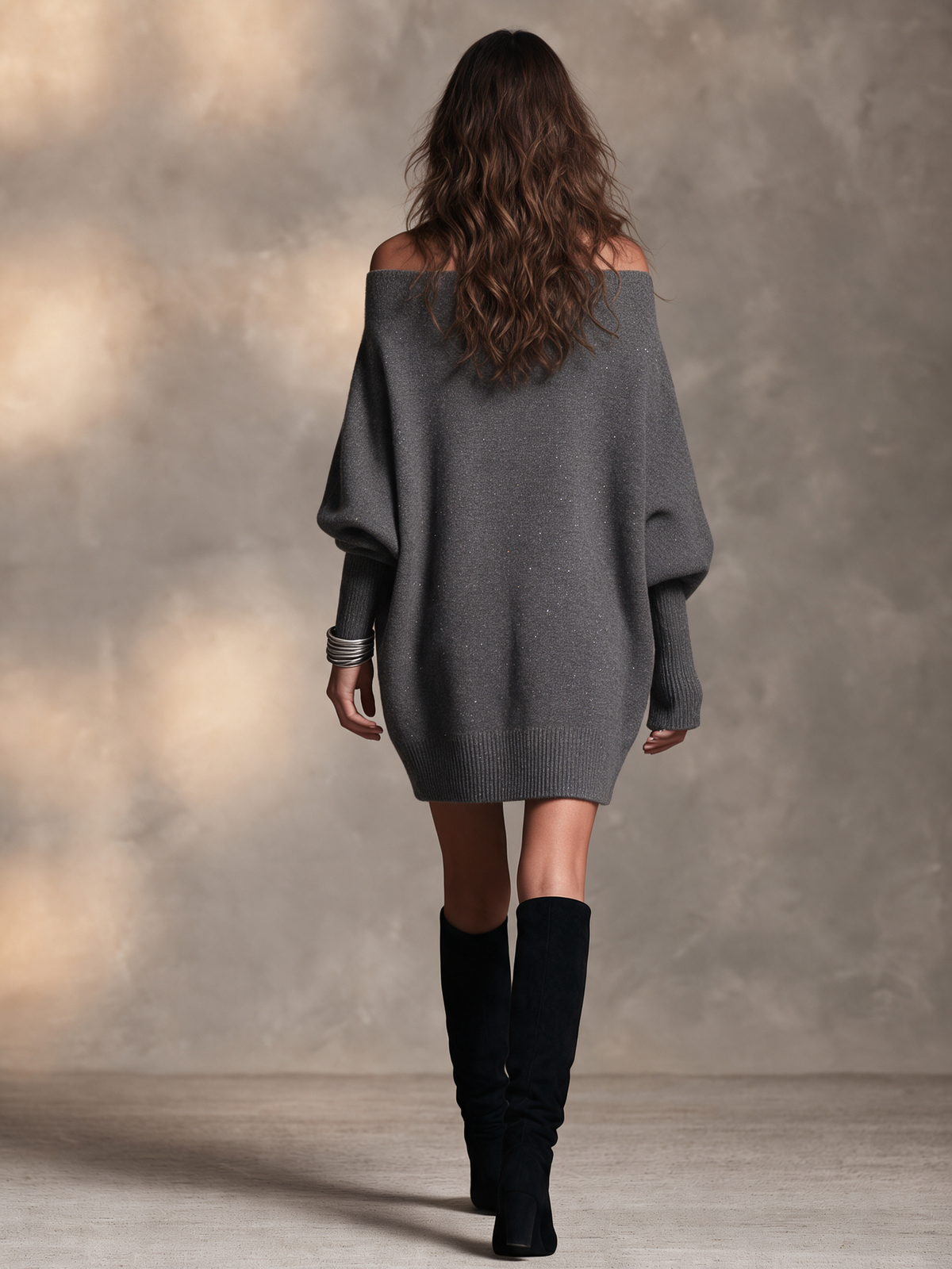 Women's Charcoal Wool Knit Off‑Shoulder Batwing Sleeve Mini Sweater Dress